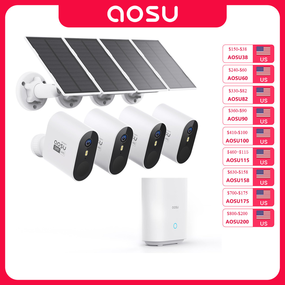Garden Camera - AOSU 5MPソーラーカメラシステム屋外4カメラキットワイヤレスWiFiセキュリティソーラーカメラセットカラー暗視双方向通話CCTVカメラ