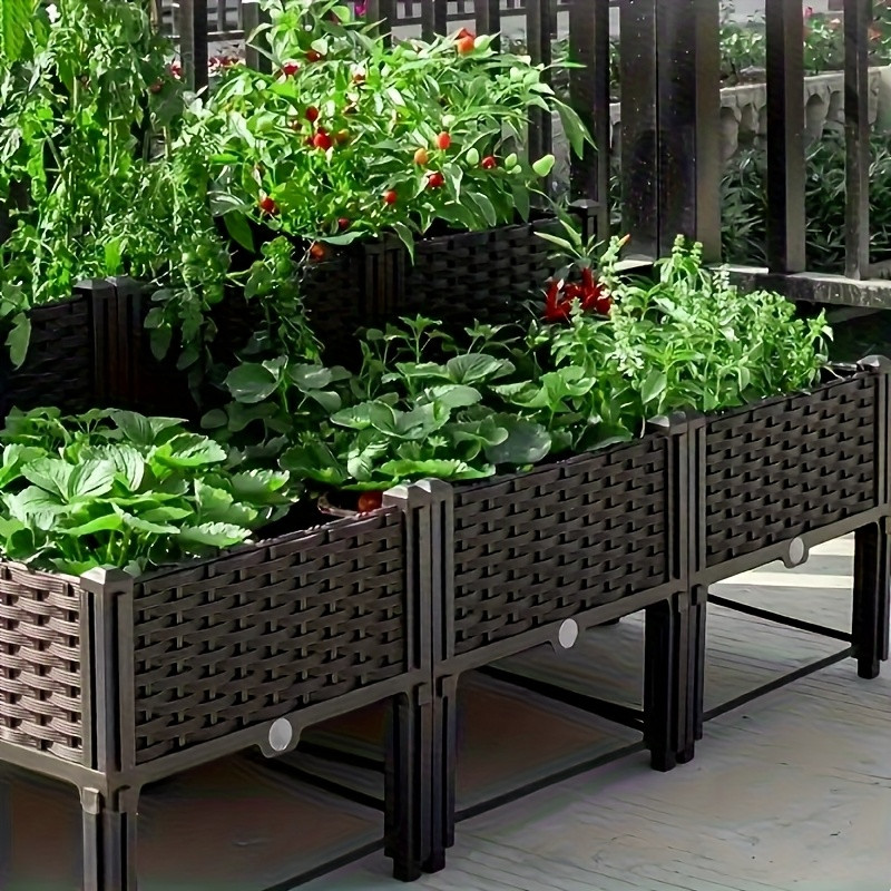 Self Watering Planter - ガーデンレイズドベッド、自動給水装置と排水穴付きの高床式フラワーボックス、庭、バルコニー、パティオ用のハーブ野菜プランターコンテナ（2セット、ブラウン）