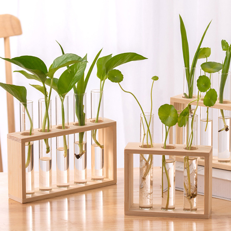 Hydroponic Grow Pod - 水耕植物コンテナ木製フレーム透明ガラス試験管花瓶植木鉢ホーム卓上盆栽装飾工芸品